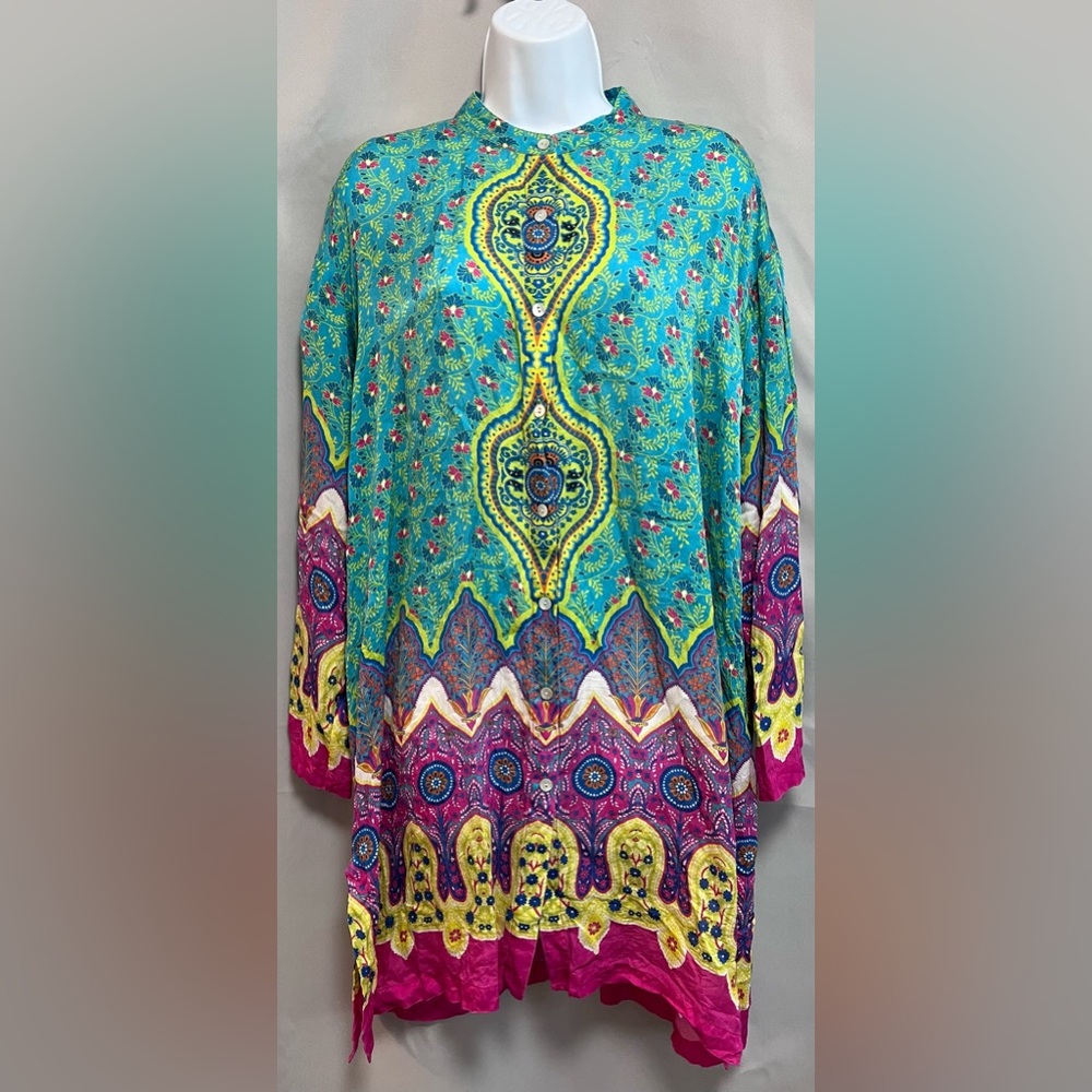 Go SILK 100% Silk Tunic Button Down Shirt Blouse‎ Patterned Flowy Size Large